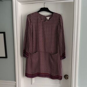 J crew Jules silk dress  Printed Shift Dress in Burgundy and Cream, sz 14